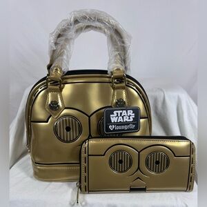 NWT Loungefly Star Wars C-3PO dome Metallic Gold Bag and Wallet